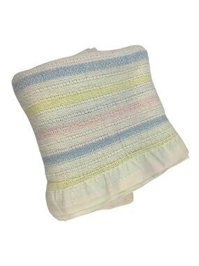 Pastel Striped Baby Blanket Waffle Weave Acrylic Satin Trim Lightweight Knit